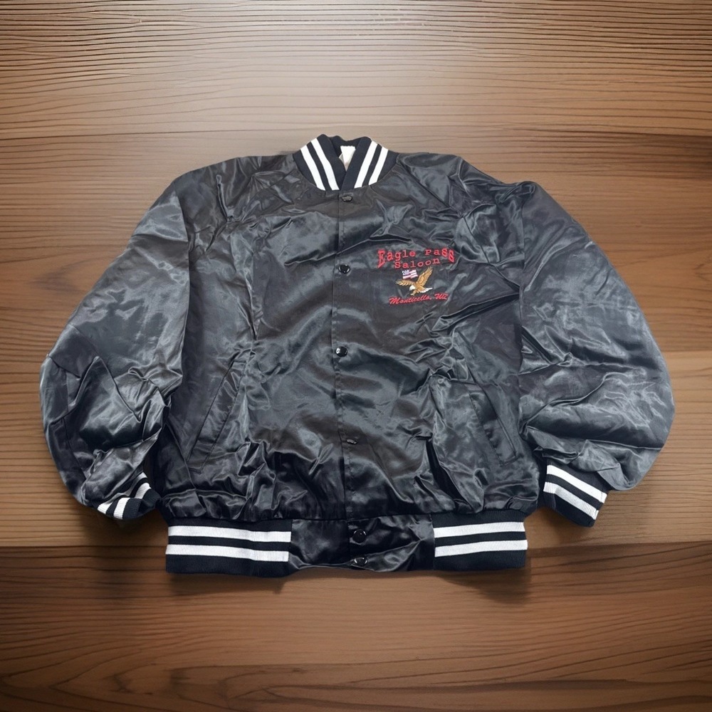 Vintage West Ark Satin Bomber Jacket Mens L Black Snap Embroidered Made in USA